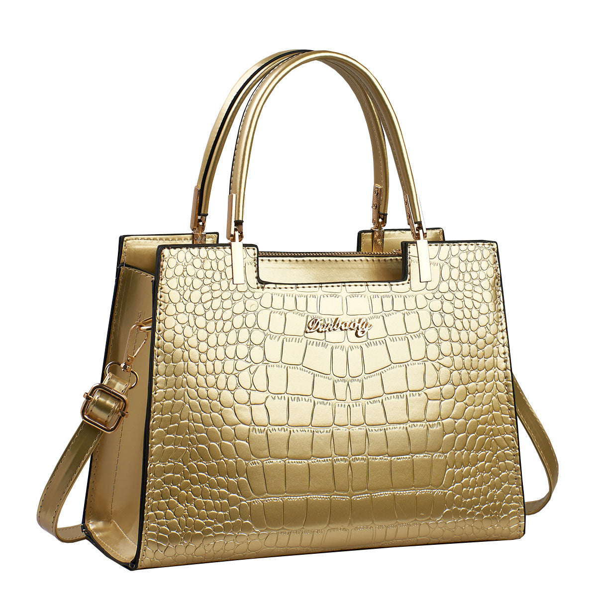 Gold croc-texture tote with top handles and shoulder strap, structured rectangular bag