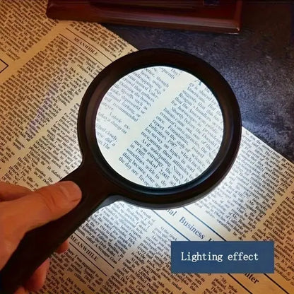 Handheld magnifying glass with black rim and bright lens light