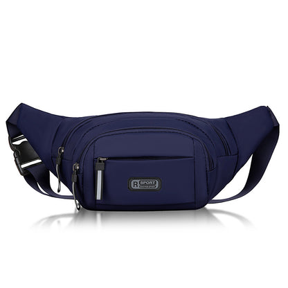 Navy waist bag with curved zippered compartments and adjustable crossbody strap