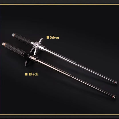 Extendable hiking pole in silver and black, each with black grip and metal shaft