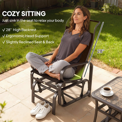 High-back gliding patio lounger chair with dark mesh seat and ergonomic head support.