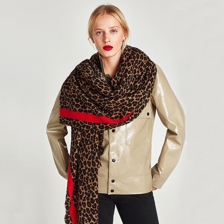 Festive Red Classic Leopard Pattern Imitation Cashmere Autumn And Winter Thick Warm Talma