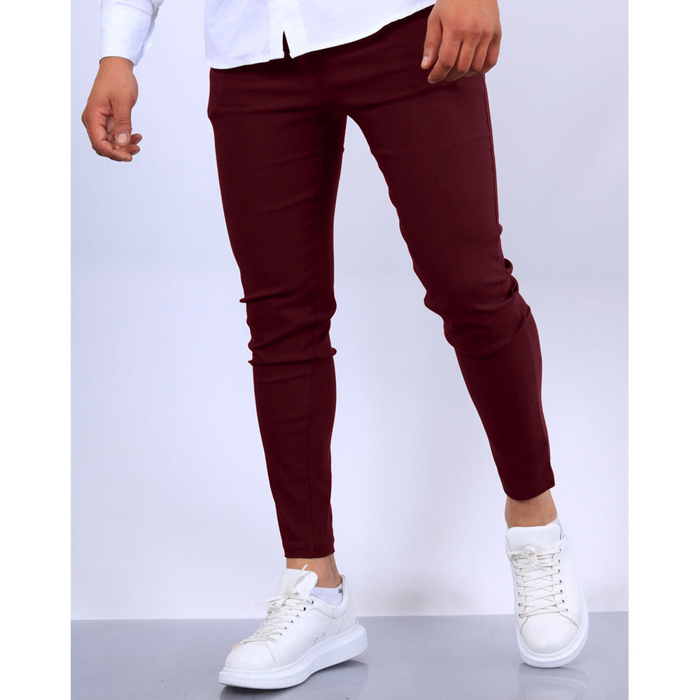 Men's solid chino pants, burgundy, slim tapered legs with cuffed hem