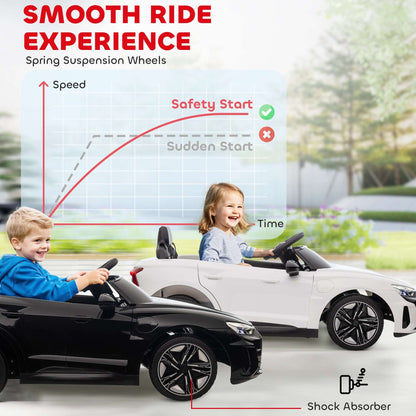 White kids ride-on car side view with black wheels and shock absorber detail
