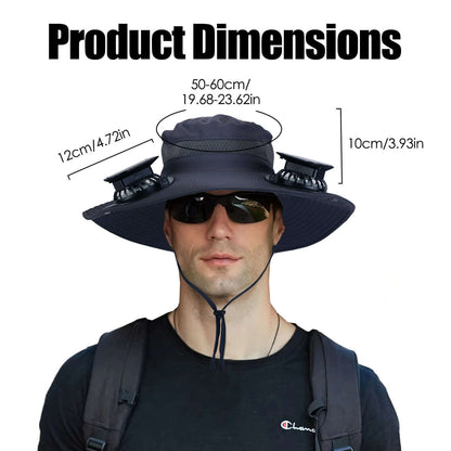 Solar powered sun hat with dual fan vents, dark navy; wide brim and chin drawstring