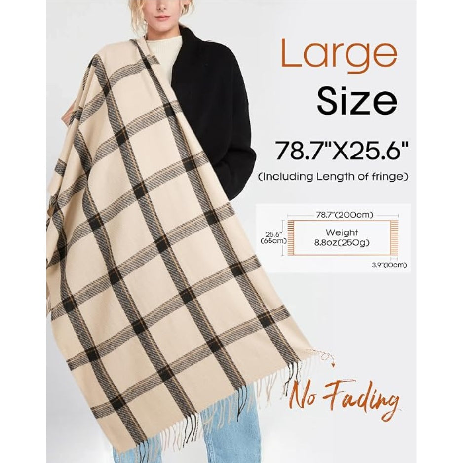 Oversized plaid shawl scarf wrap with fringe tassels, cream and dark tones