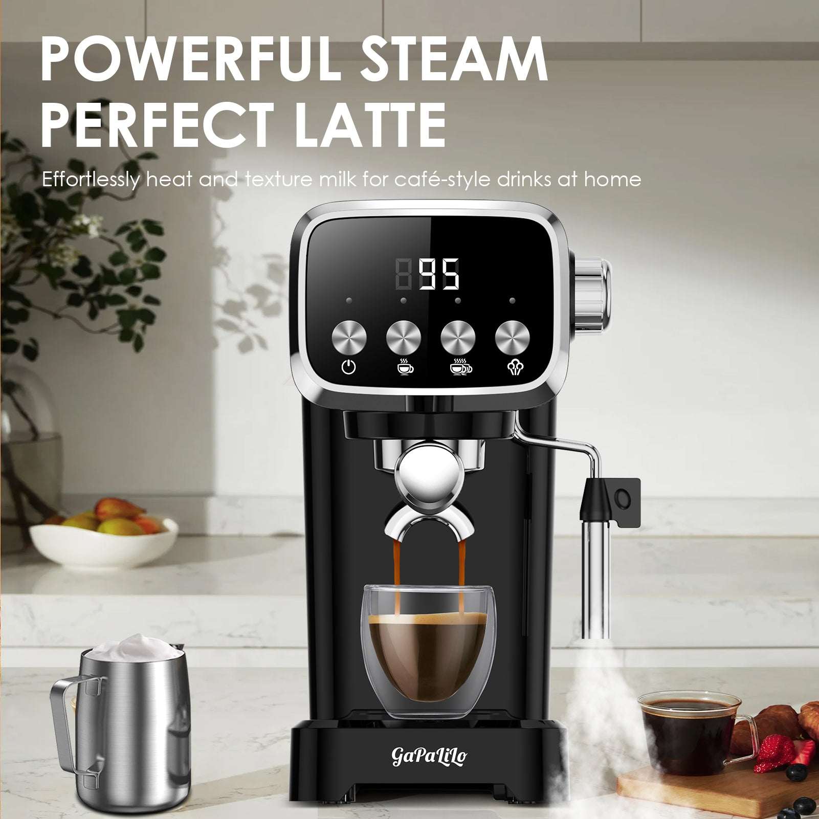 Espresso machine with steam wand producing steam, black and silver with filled cup