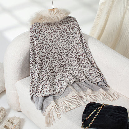 Women's Leopard Poncho with Faux Fur Collar | Fringe Hem Cardigan Women's Leopard Poncho With Faux Fur Col | Ectron Online