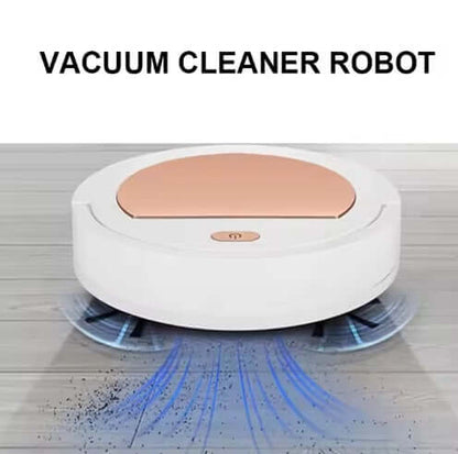 White vacuum cleaner robot with pink top panel and spinning air suction airflow pattern.