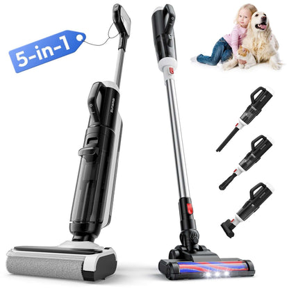 Black and white wet dry vacuum mop with detachable roller head and upright handle