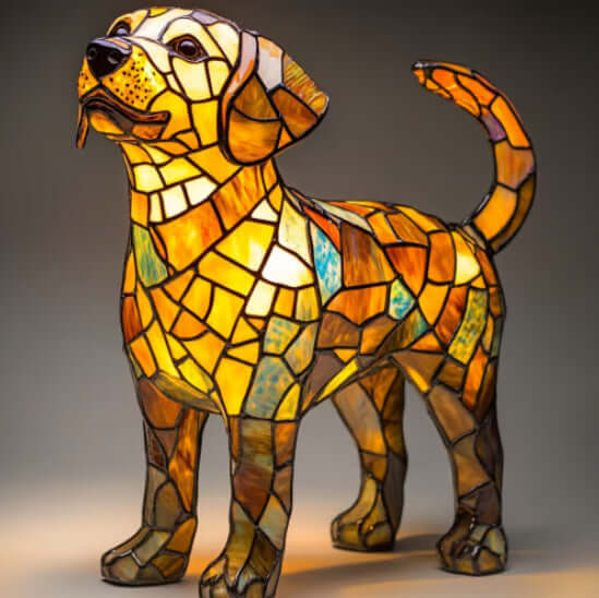 Colorful mosaic dog lamp with standing pose, side view