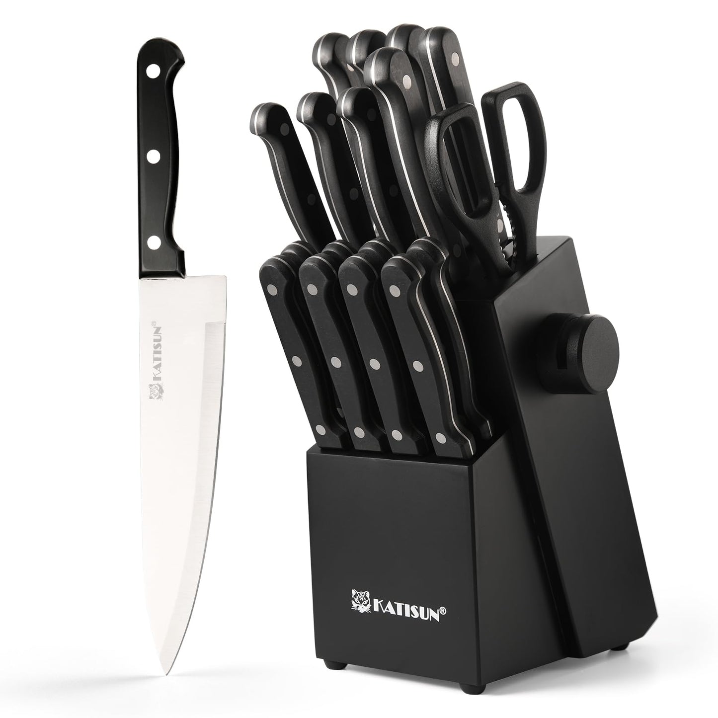 Black 19-piece kitchen knife set with black block, black-handled knives, and one white blade