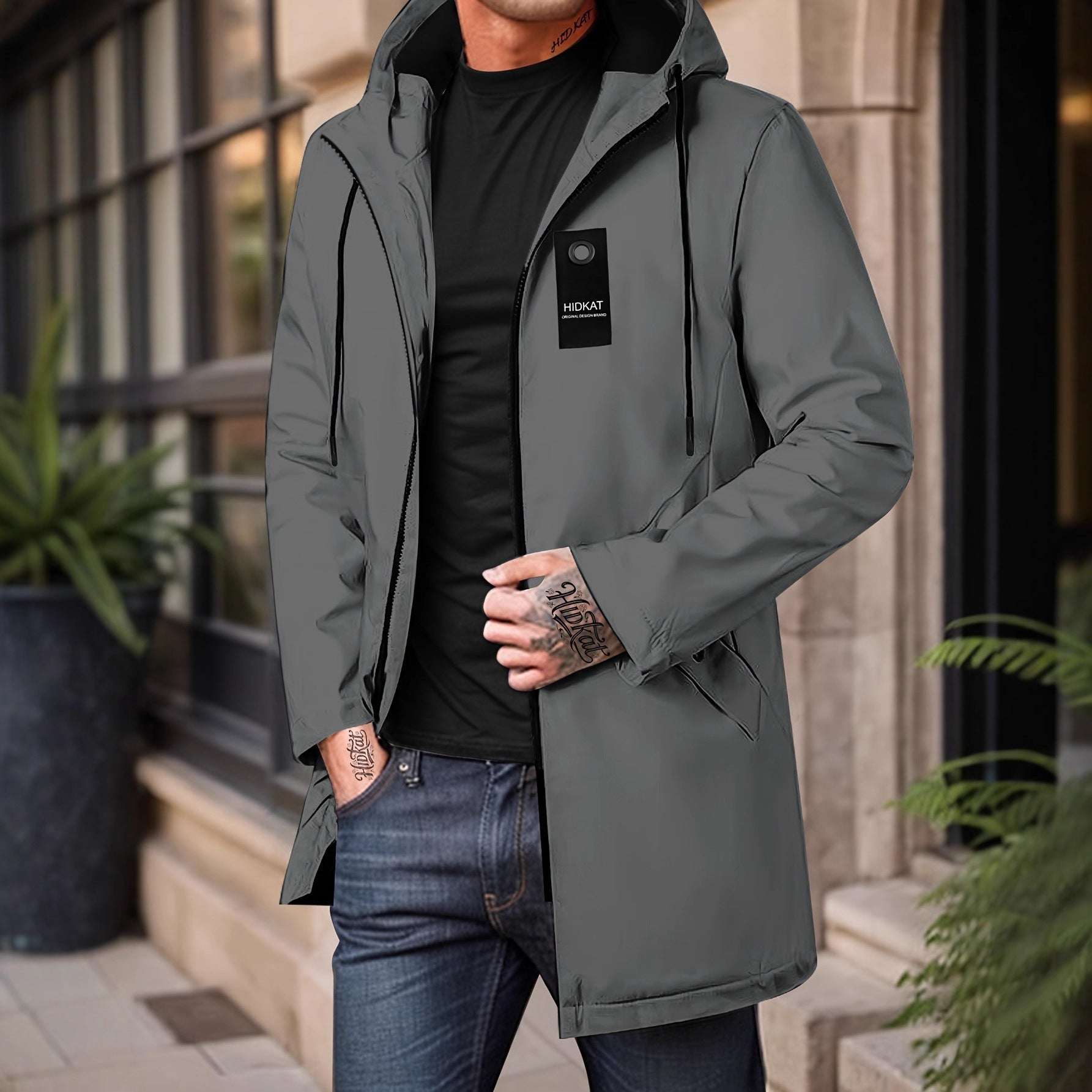 Mid-length Men's Hooded Casual Workwear Shell Jacket Windproof Jacket