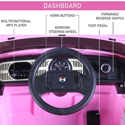 Pink electric ride-on car dashboard with steering wheel and instrument panel