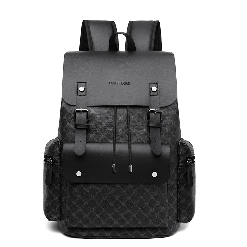 Black checkered office backpack with textured bottom and two front flap buckles