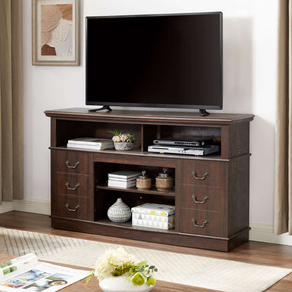 Espresso TV stand with multiple drawers and open cubby storage beneath the top