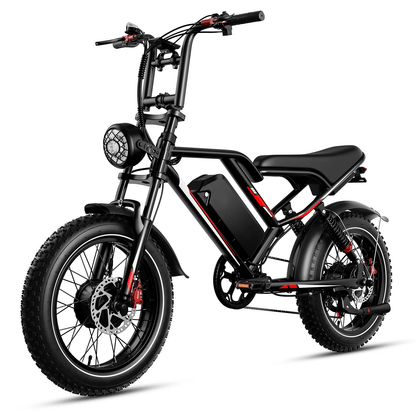 Black fat-tire electric bike with headlight, rear rack, and disc brake front wheel