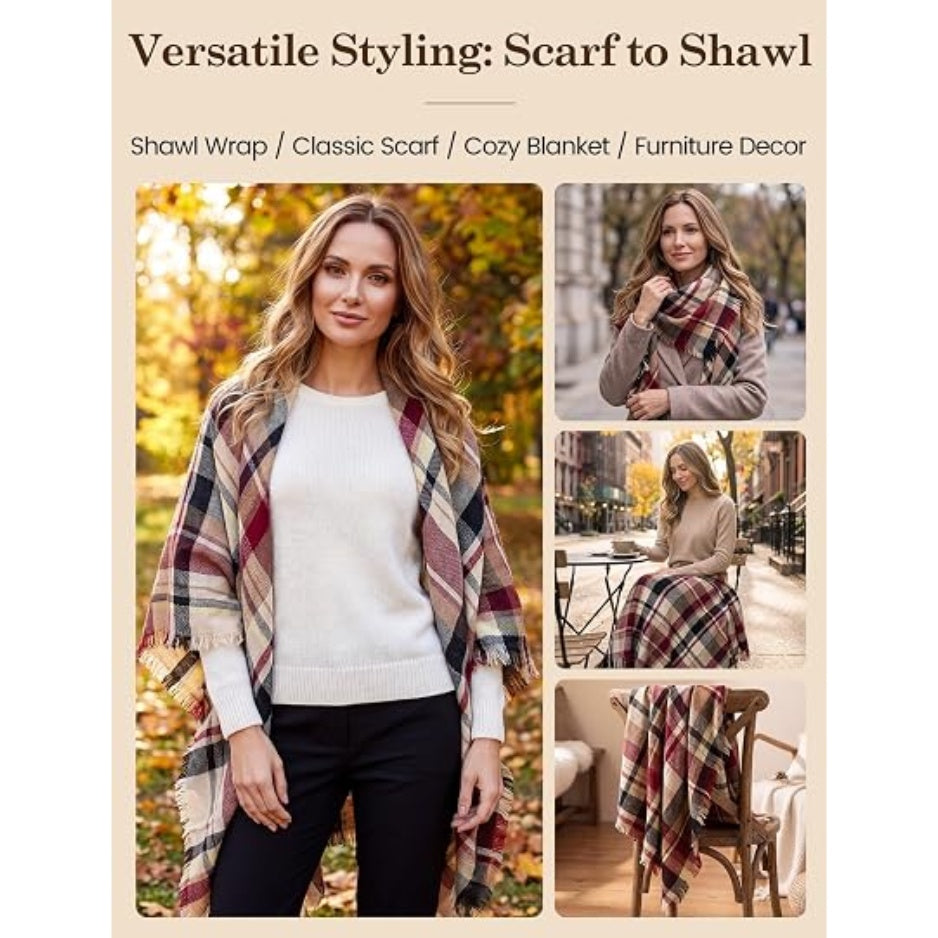 Red plaid shawl wrap scarf with fringe, worn over a white sweater