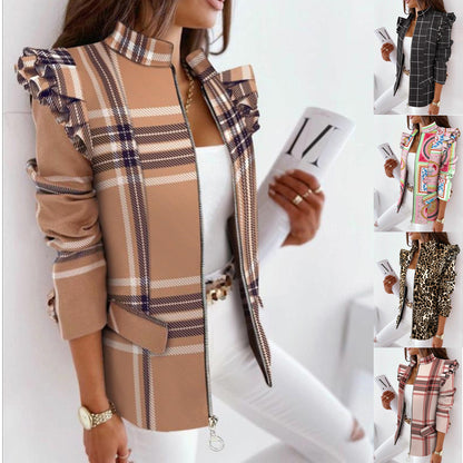 Women's Printed Plaid Zipper Ruffle Coat