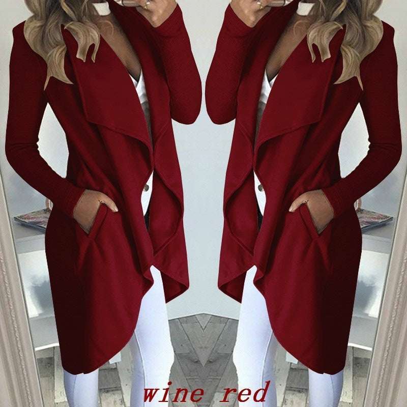 Plus Size Long Trench Coat - Polo Collar & Slim Fit Women's Plus Size Solid Color Polo Colla | Ectron Online