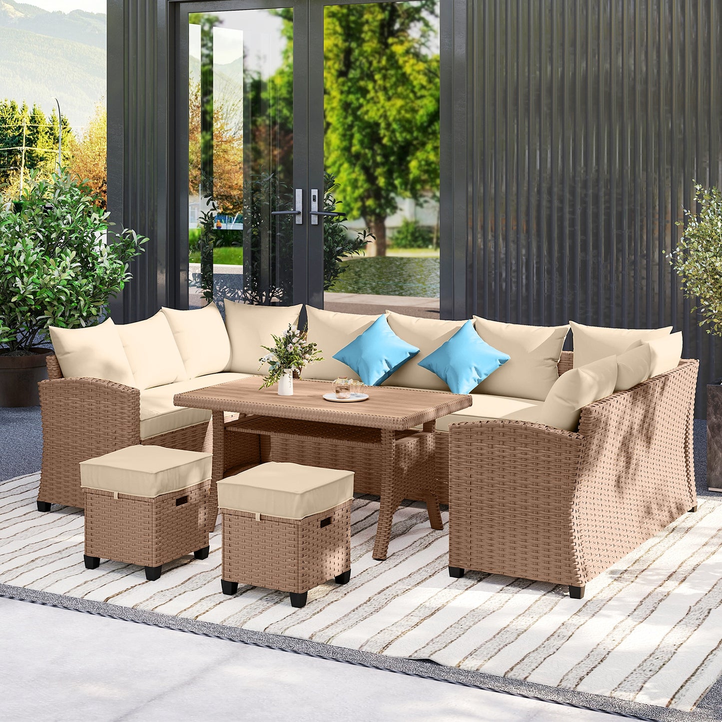 6-Piece PE Wicker Patio Conversation Set with WPC Dining Table