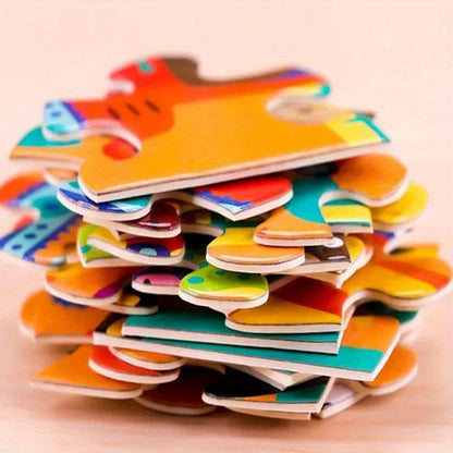Colorful kids jigsaw puzzle pieces stacked together, ready for assembling