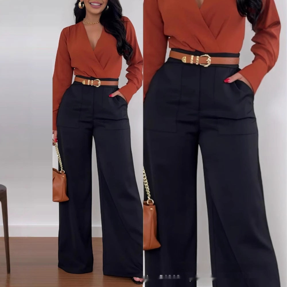 Dark navy wide-leg flared pants with belted waist and front pockets