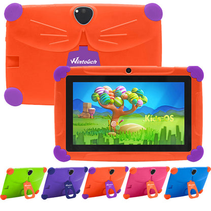 A 7-inch children's tablet computer in orange color with colorful protective case and multiple viewing angles displayed. The device is shown with a colorful screen displaying a learning application.