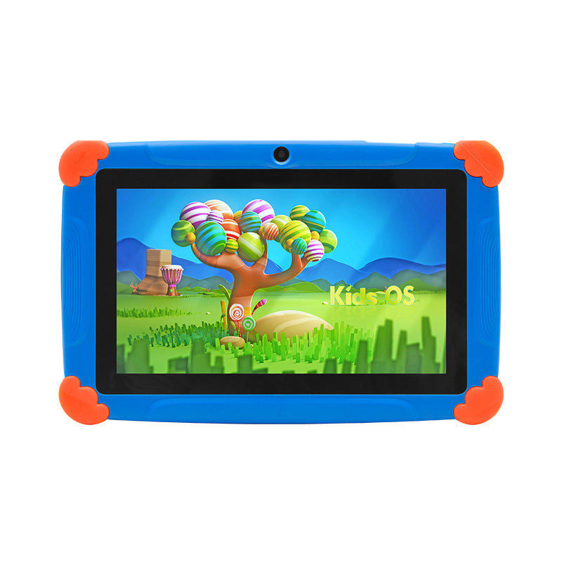 A 7-inch children's tablet computer in orange color with colorful protective case and multiple viewing angles displayed. The device is shown with a colorful screen displaying a learning application.