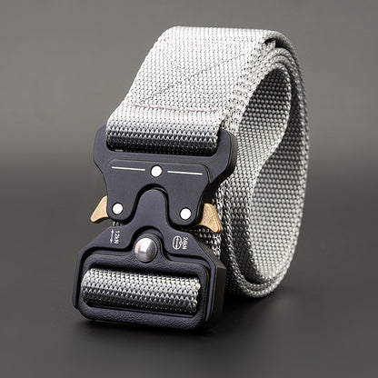 Men's Outdoor Nylon Elastic Buckle Belt Work Clothes Belt in gray with secure buckle and durable design.