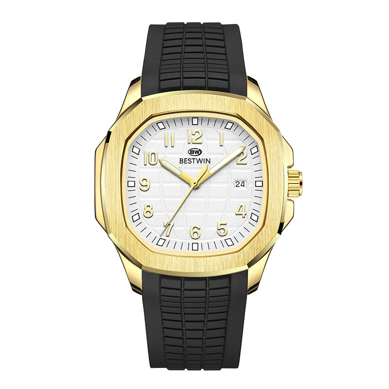 {{ brand }} Men's Fashion Sports Watch Black With Gold Shell White - Fashion Sports Silicone Strap Alloy Watc