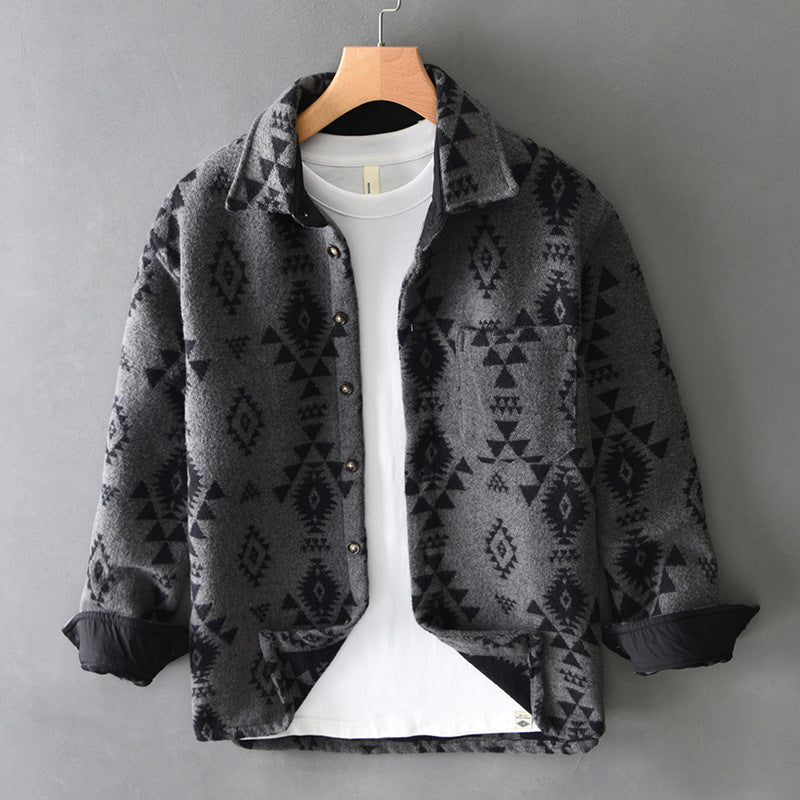 Men's Autumn New Retro Jacquard Woolen Long Sleeves Casual Shirt