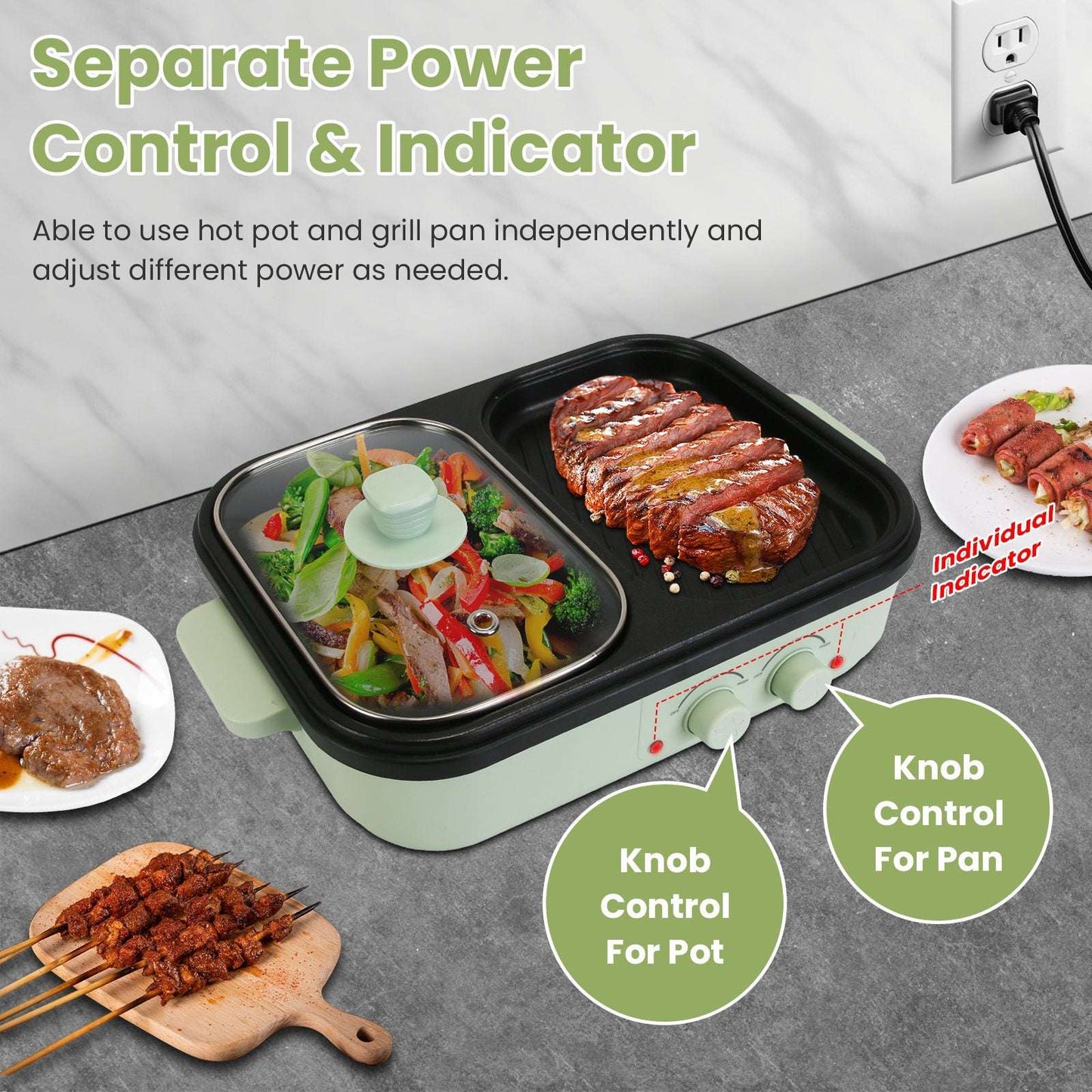 2-in-1 electric hot pot and grill with separate knob controls for pan and pot heat