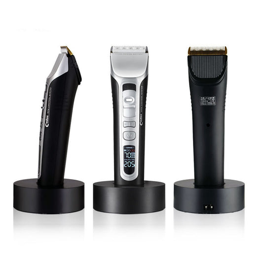 Three electric hair trimmers on black stands against a white background