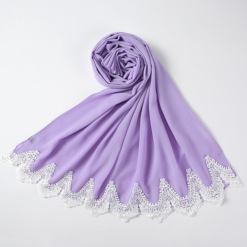 New Pearl Chiffon Scarf Malaysia Fashion Stitching Lace Scarf