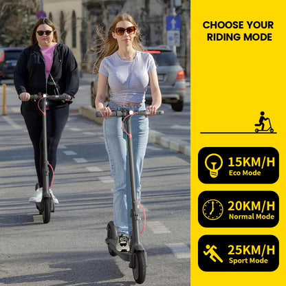 Electric scooter with rider, front wheel and handlebars shown on a city street