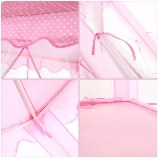 Collage of a pink canopy tent with polka dot top and mesh sides.