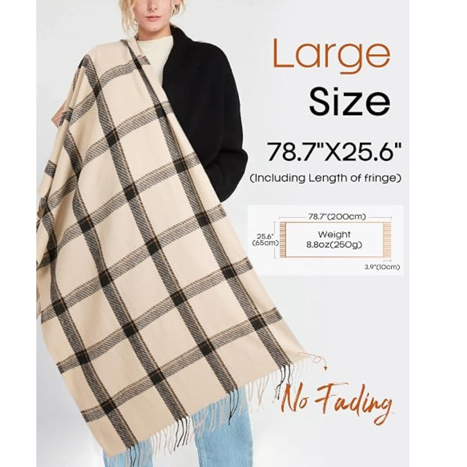 Beige plaid wrap scarf with fringed border, oversized square shawl style