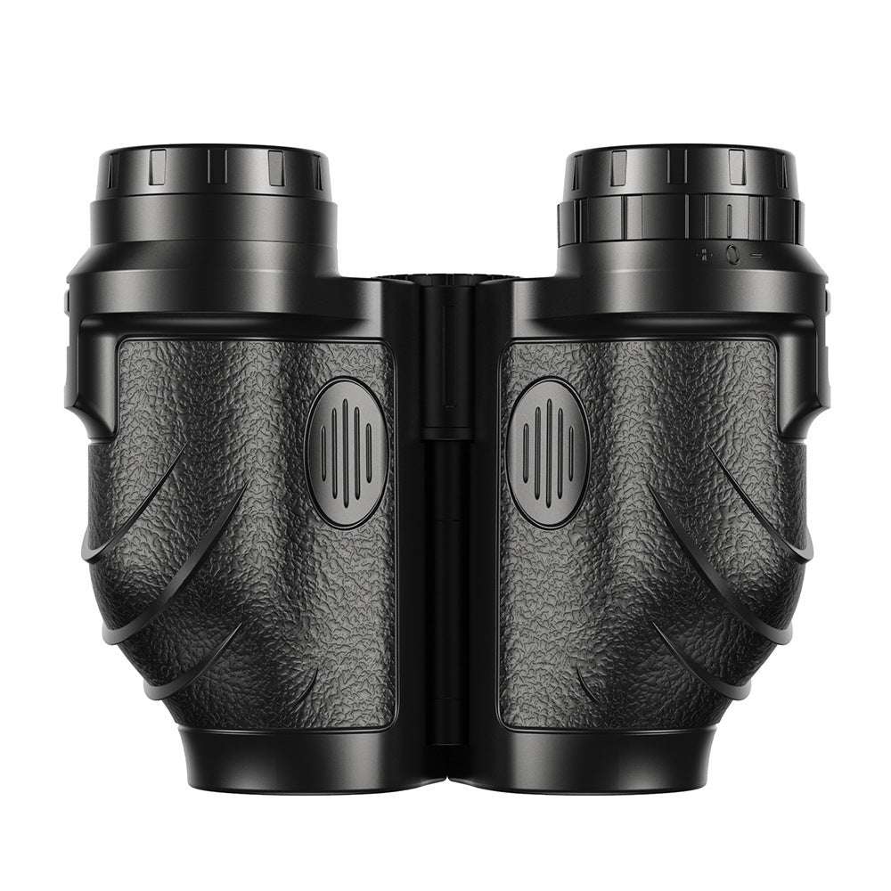 Black binoculars with textured grip on a white background