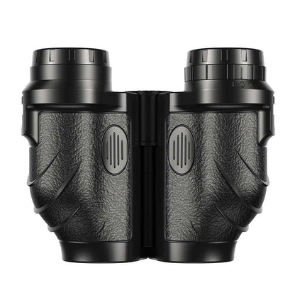 Black binoculars with textured grip on a white background