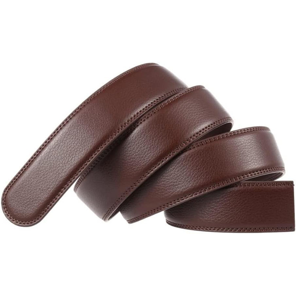 Brown leather belt strap, two layers shown with stitched border