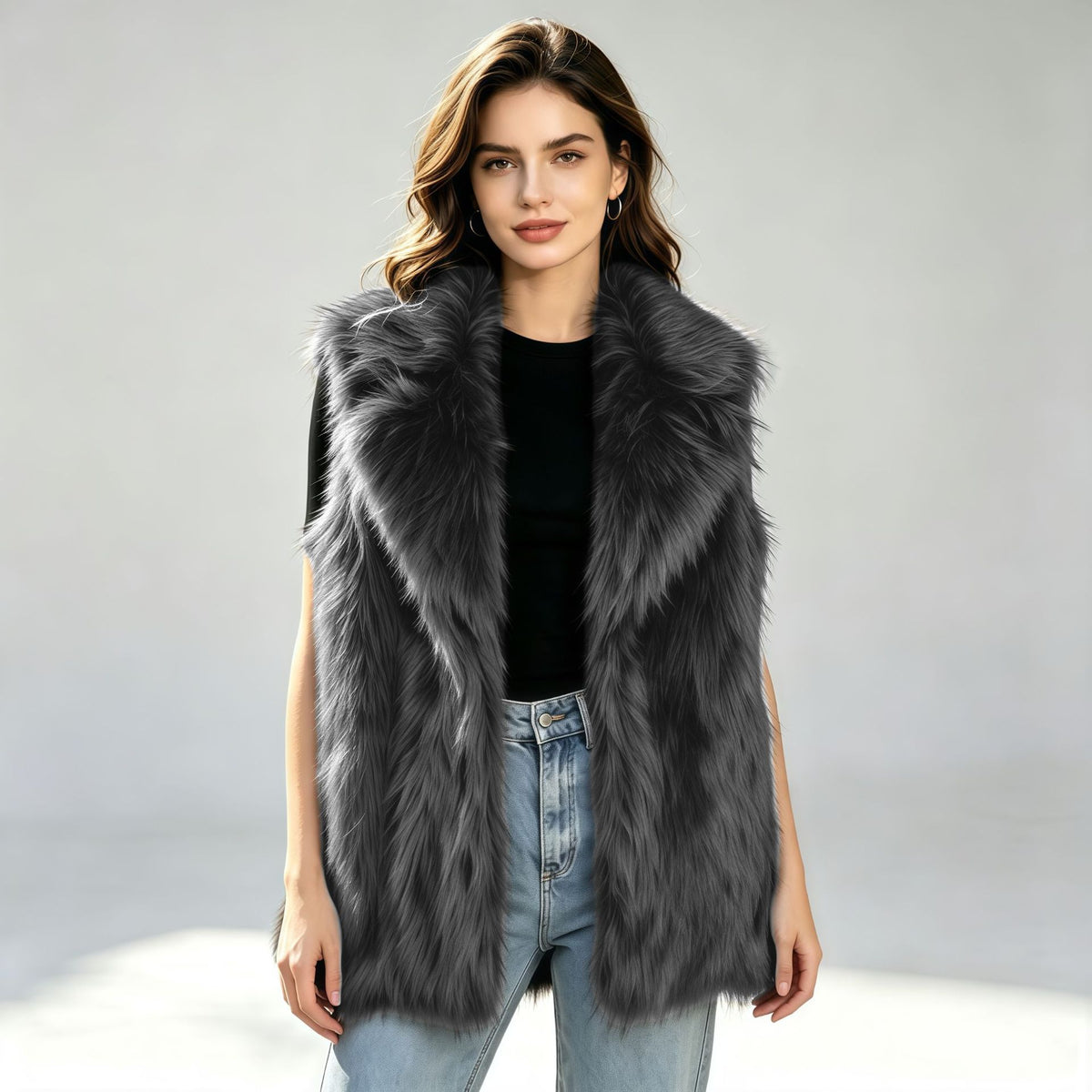 Charcoal gray faux fur waistcoat vest with oversized suit-collar, sleeveless