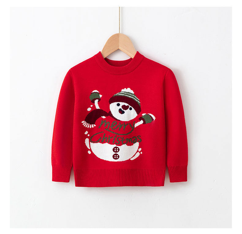 Children's Christmas sweater, red knit with snowman graphic and green striped hat