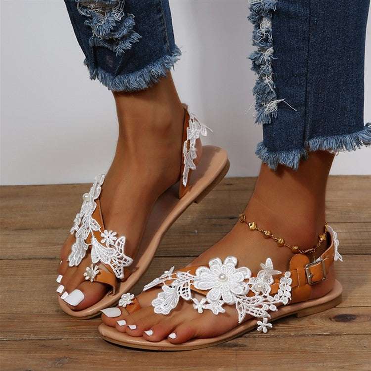 Bohemian Lace Sandals – Floral Ankle Strap Flat Beach Shoes Lace Sandals Bohemia Beach Shoes Flowers | Ectron Online