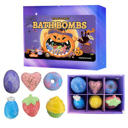 Bath bombs gift box with purple packaging and assorted shapes, including heart and sphere