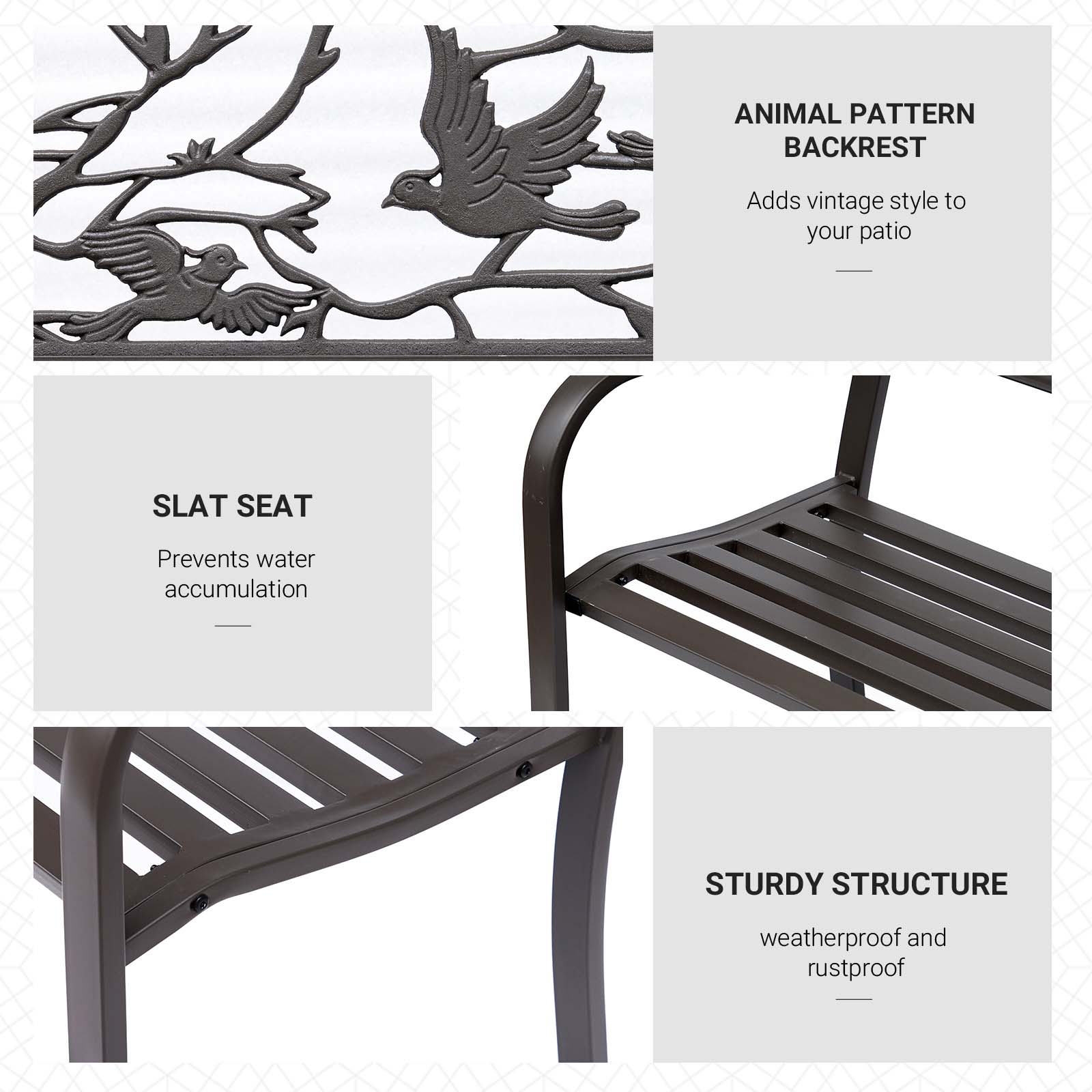 Brown cast iron bench details: bird-pattern backrest and slatted seat rails