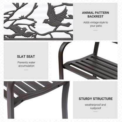 Brown cast iron bench details: bird-pattern backrest and slatted seat rails
