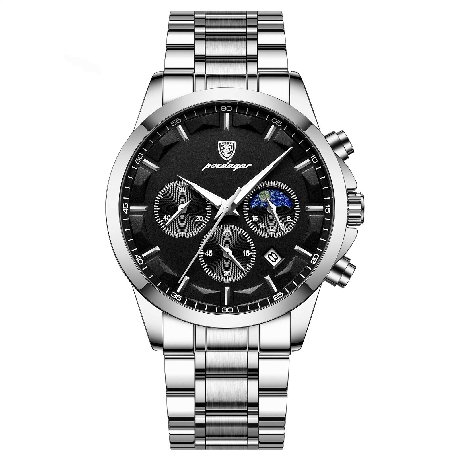Men’s sports watch with silver metal bracelet, black dial, and blue subdial accents
