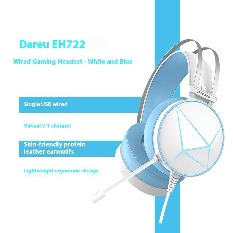 Dareu EH722 gaming headset with features listed on a white background