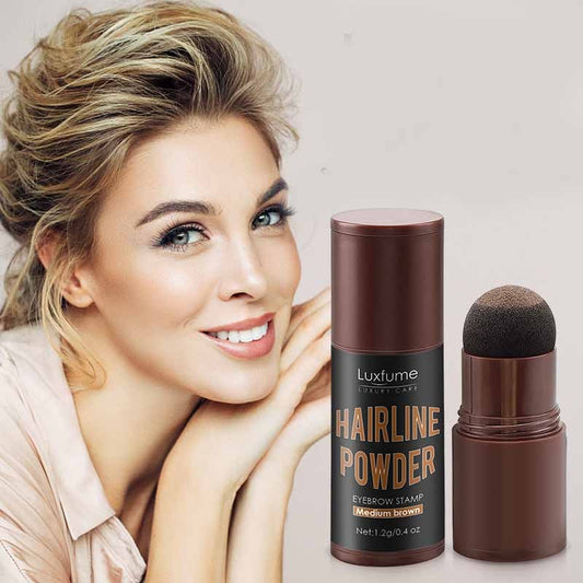 Woman with styled hair next to Luxume Hairline Powder product on a light background